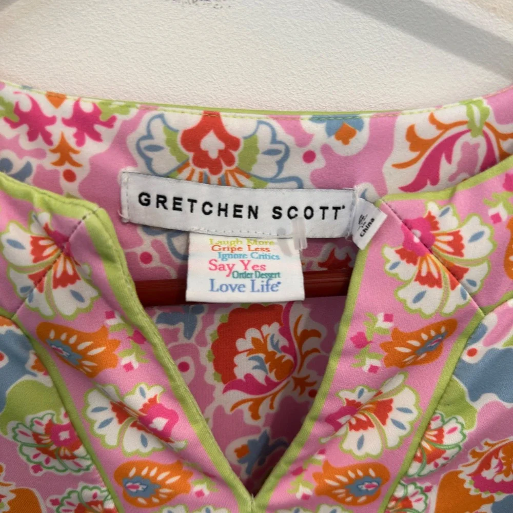 Gretchen Scott Size S Pink Green Paisley Damask Jersey Knit Tunic‎ Top Stretch